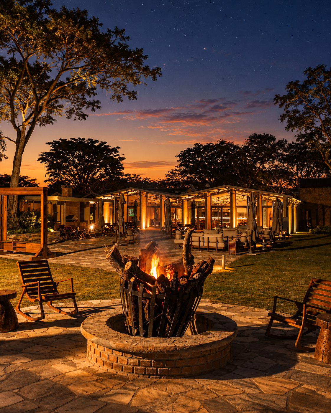 Remote safari lodge at dusk in Angola