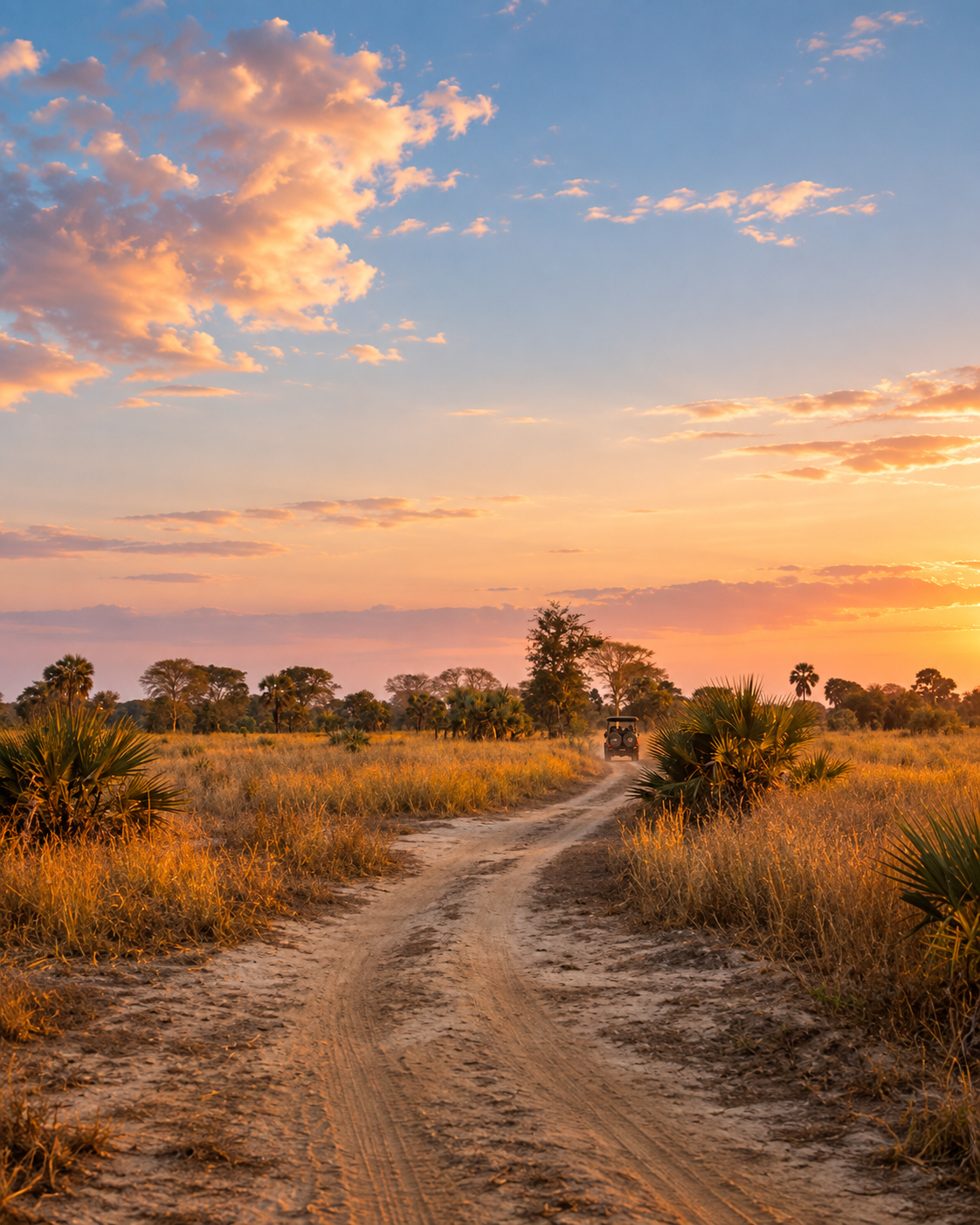 Safari vehicle travelling through the Mozambique wilderness