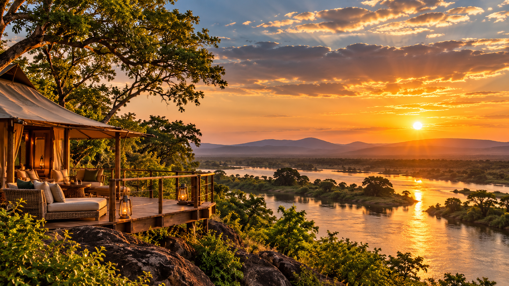 Luxury safari camp beside the river in Zambia