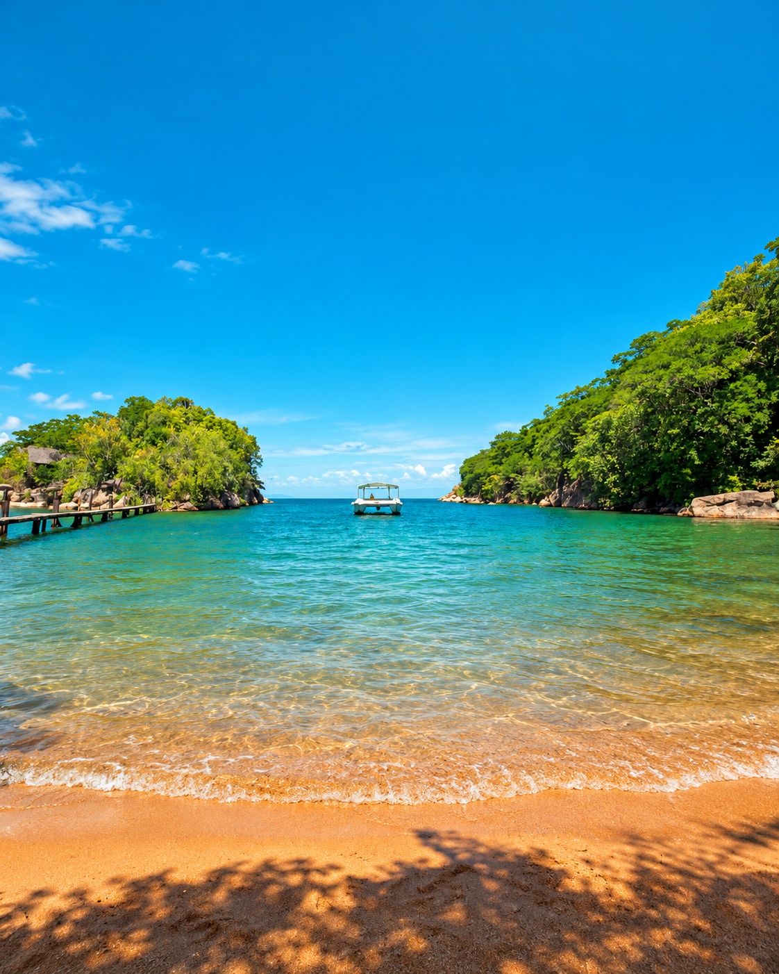 Lake Malawi shoreline with clear blue water and a small boat