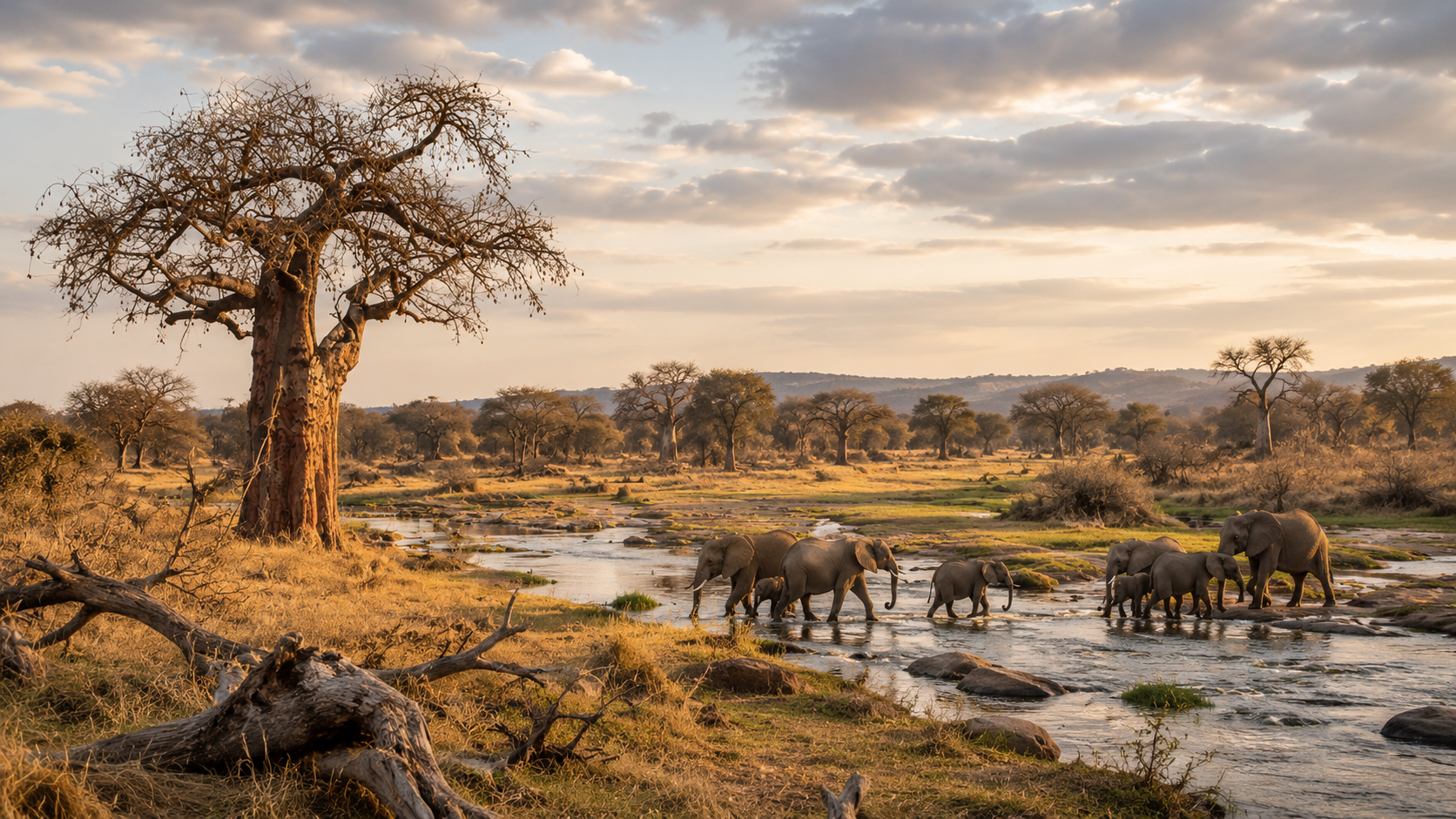 Elephants crossing a river through the wilderness of southern Tanzania