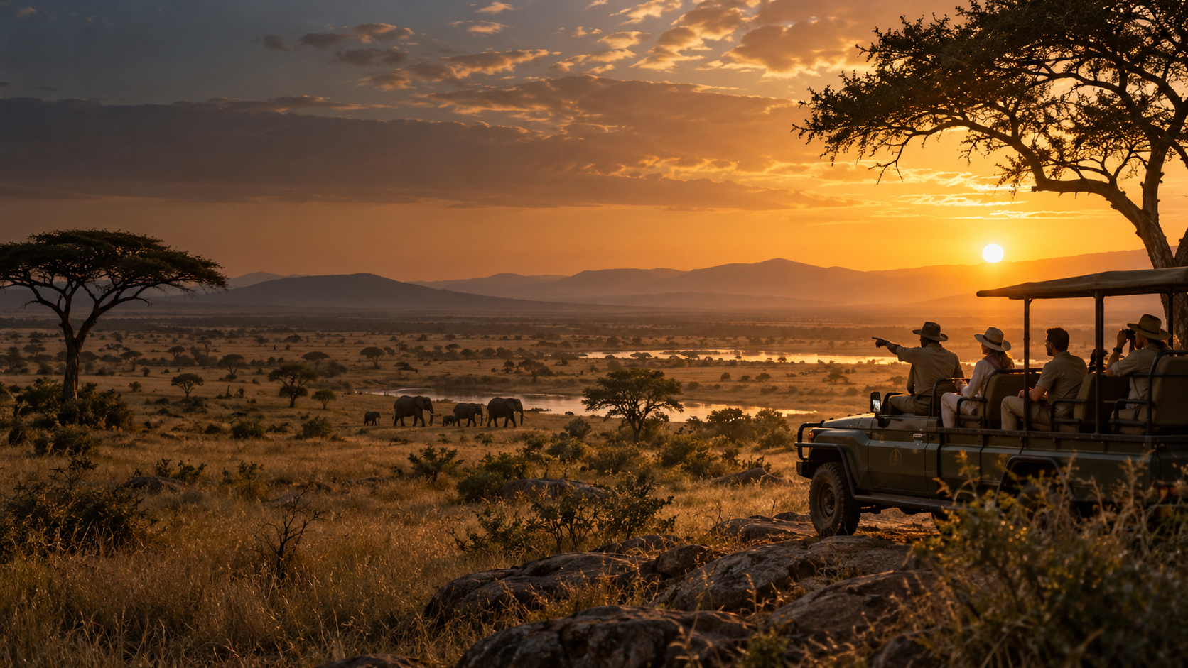 Guests experiencing an African safari in the wilderness