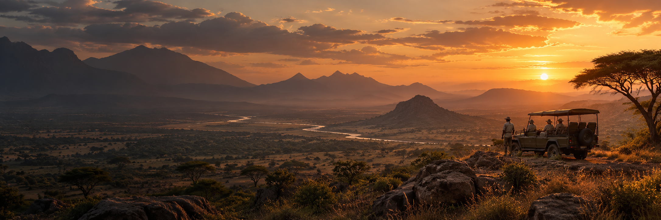 Safari vehicle overlooking remote African wilderness at sunset