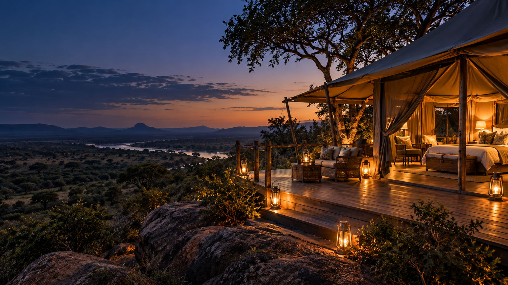 Safari camp overlooking the African wilderness