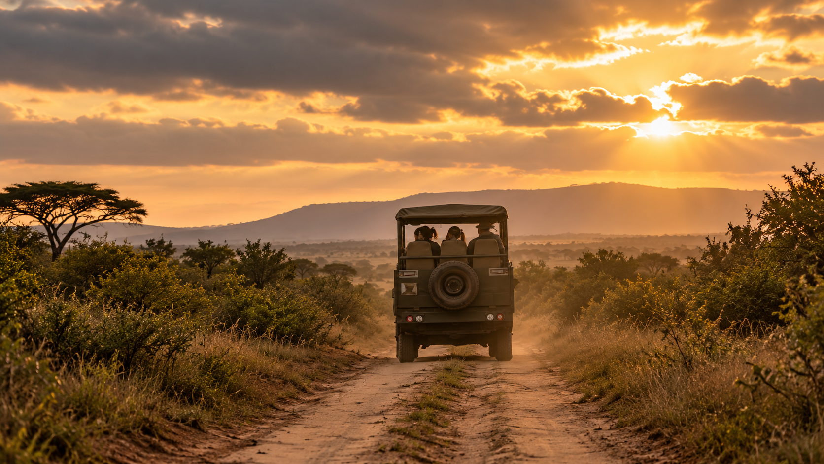 Safari vehicle travelling through the African wilderness