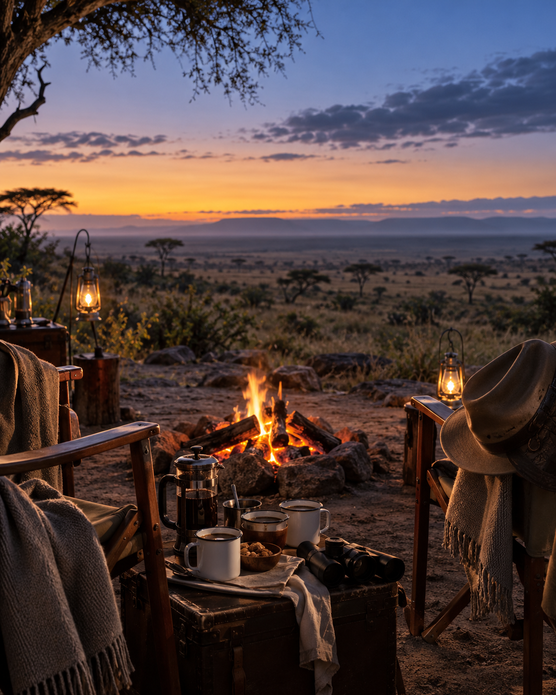 Coffee beside a campfire before sunrise on safari