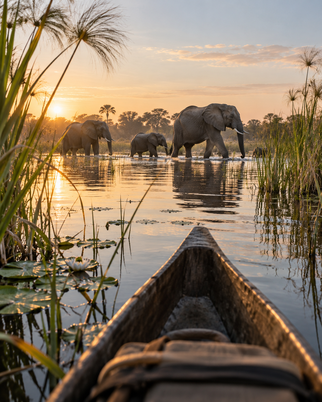 Mokoro drifting through the Okavango Delta with elephants ahead