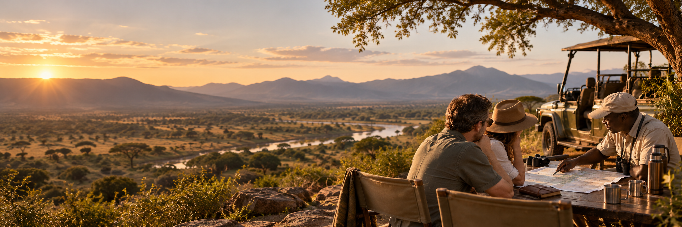 Travellers overlooking the African wilderness while planning their safari