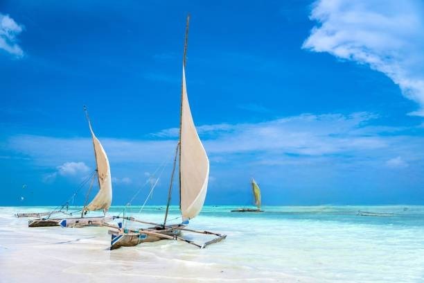 Traditional dhow on the turquoise Indian Ocean coast of Zanzibar, Tanzania