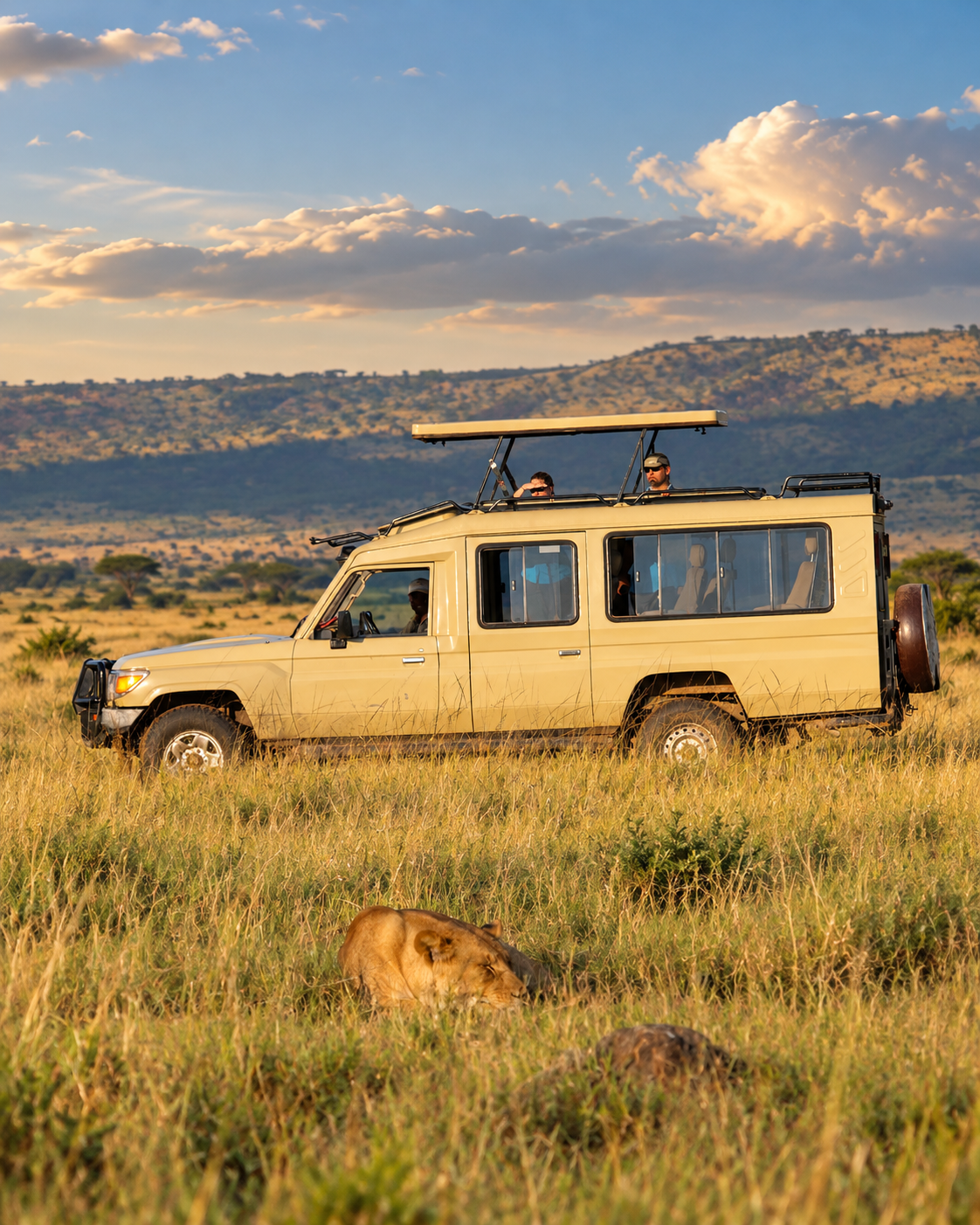 African wilderness landscape with wildlife and people in the distance