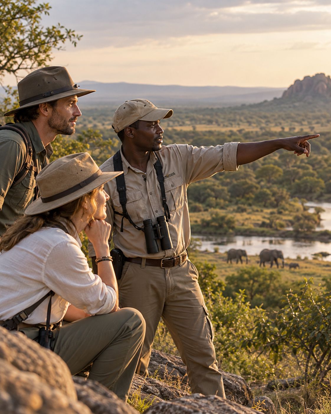 African safari guide sharing knowledge of the landscape with travellers