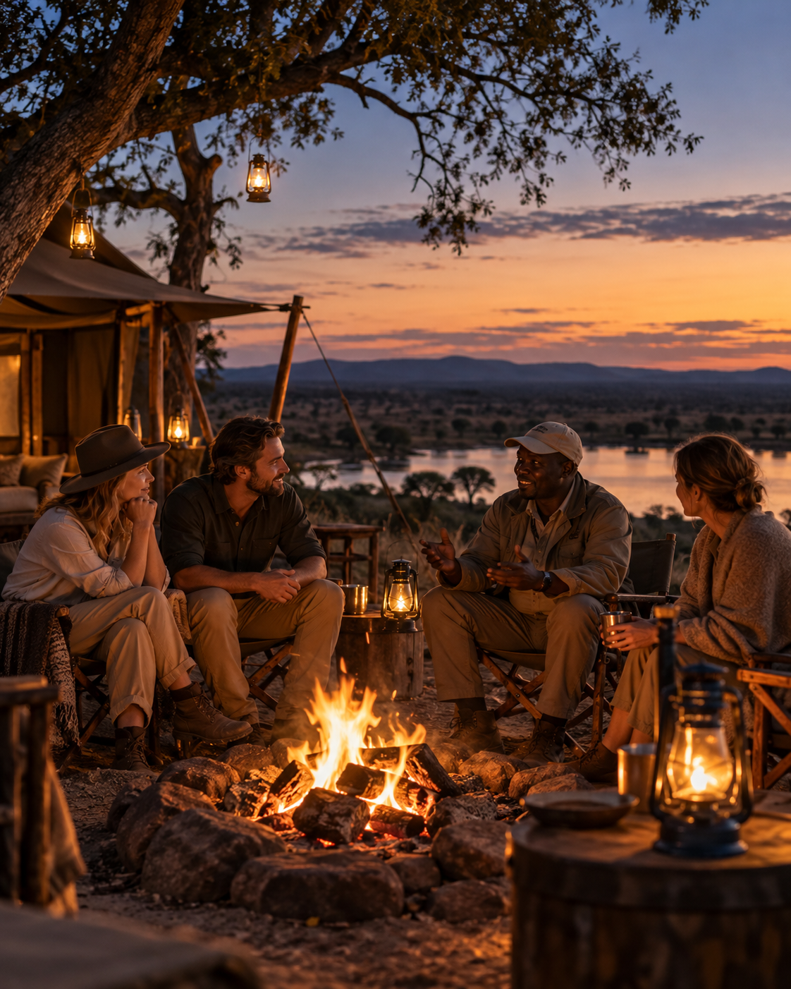 People sharing an evening around a safari campfire in the African wilderness