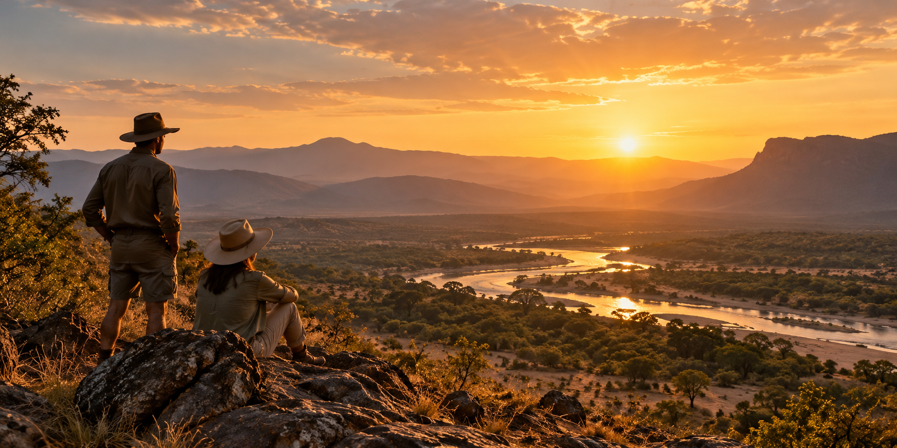 Travellers overlooking an African wilderness landscape